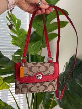 Coach Brown Signature Canvas Crossbody with Red Leather Trim